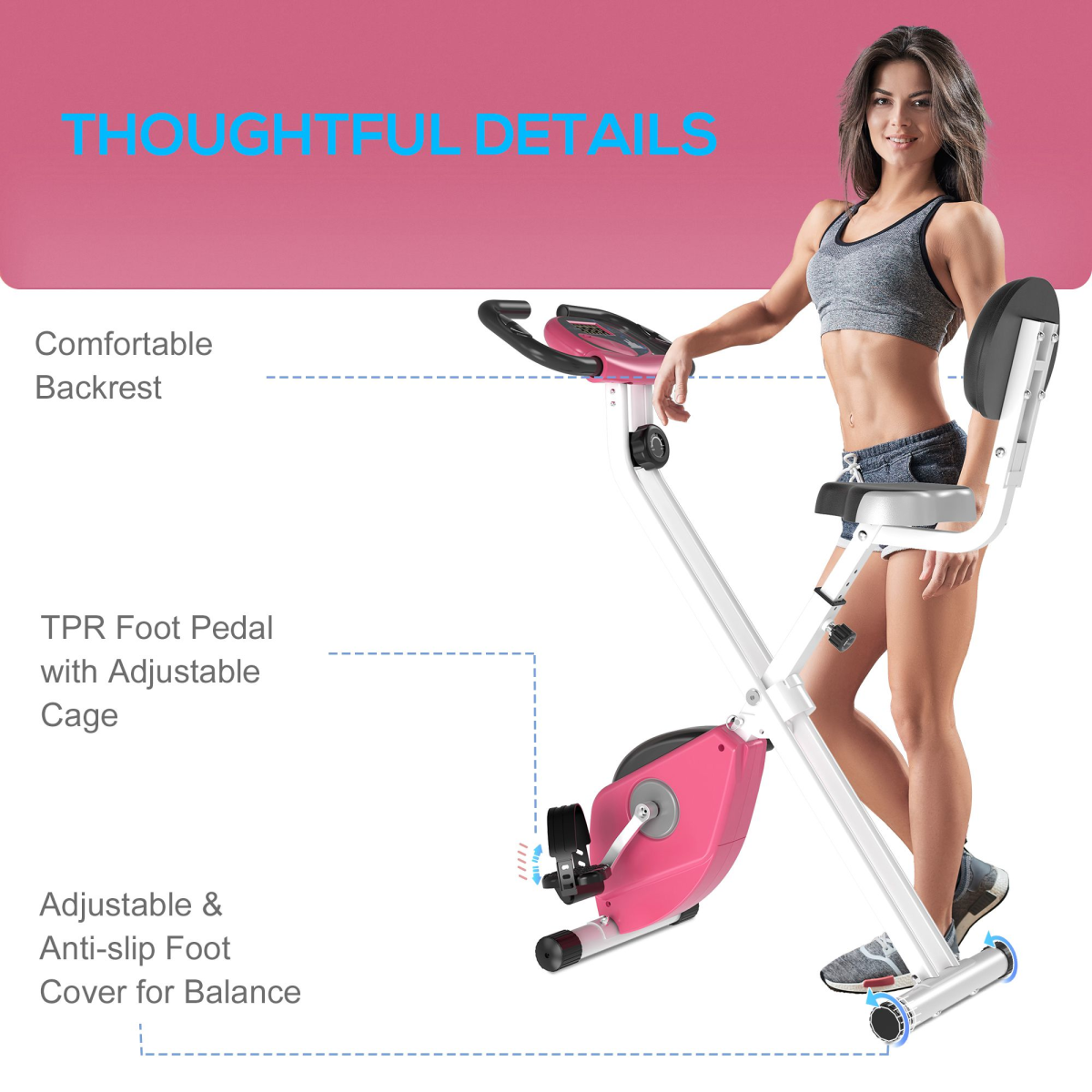 HOMCOM Magnetic Resistance Exercise Bike Foldable LCD Adjustable Seat Pink