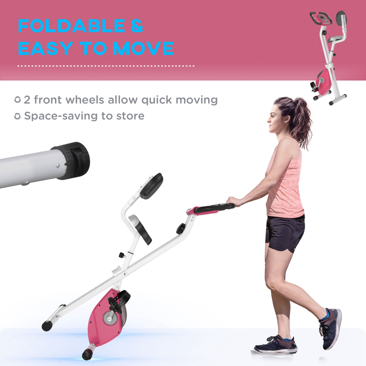HOMCOM Magnetic Resistance Exercise Bike Foldable LCD Adjustable Seat Pink