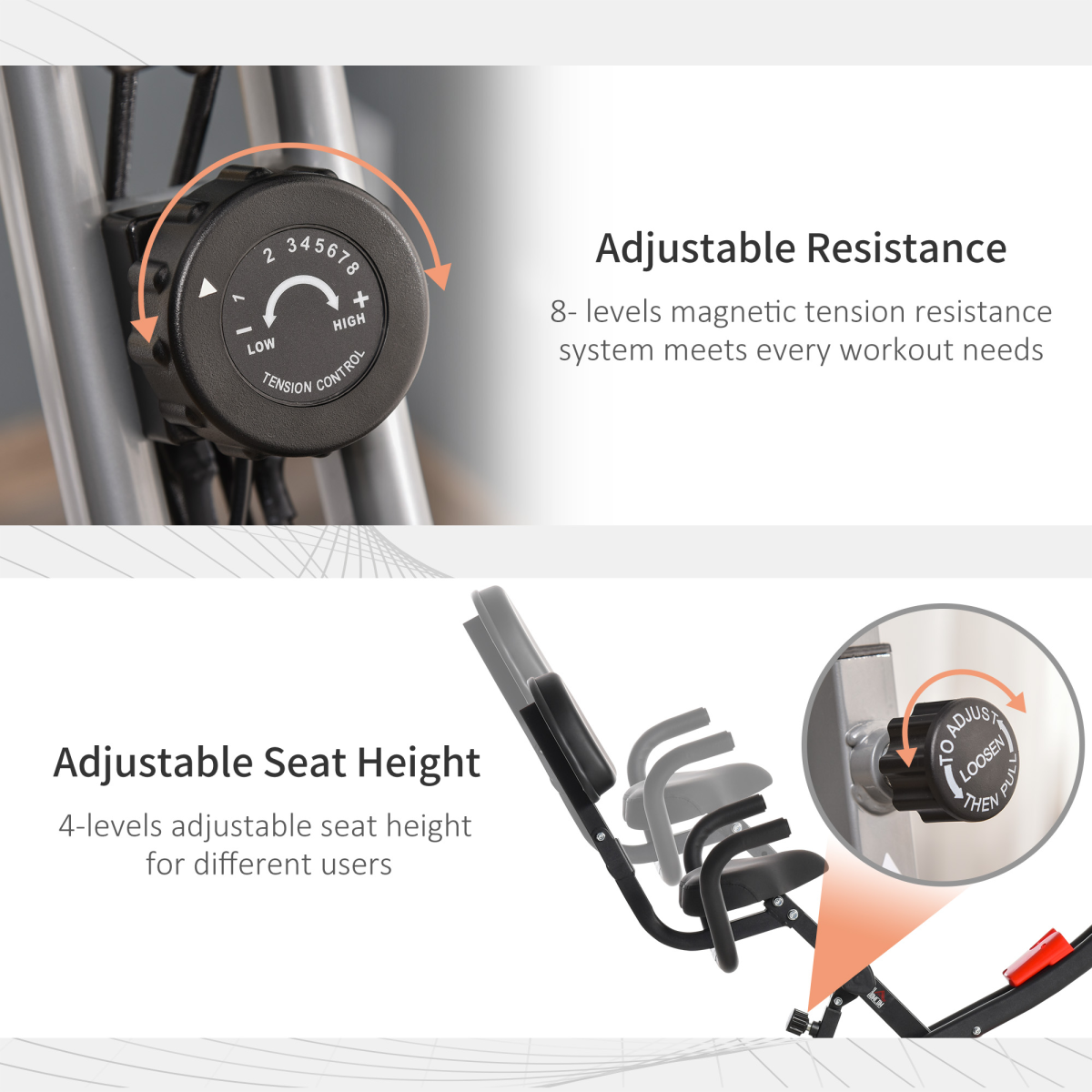 HOMCOM 2-In-1 Upright Exercise Bike 8-Level Adjustable with Pulse Sensor Grey